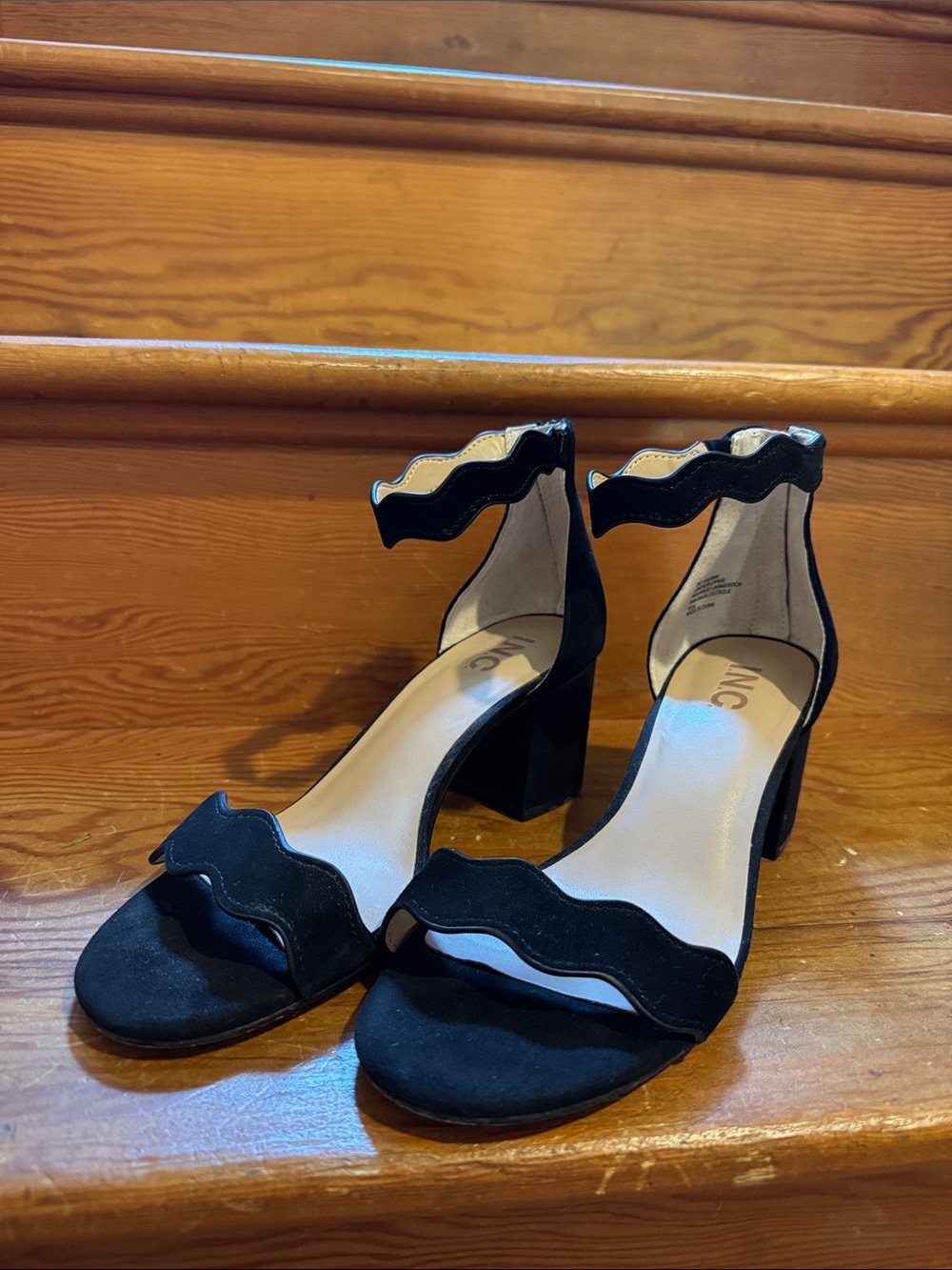 INC Hadwin Scallop Block Heel Sandals - Black Suede